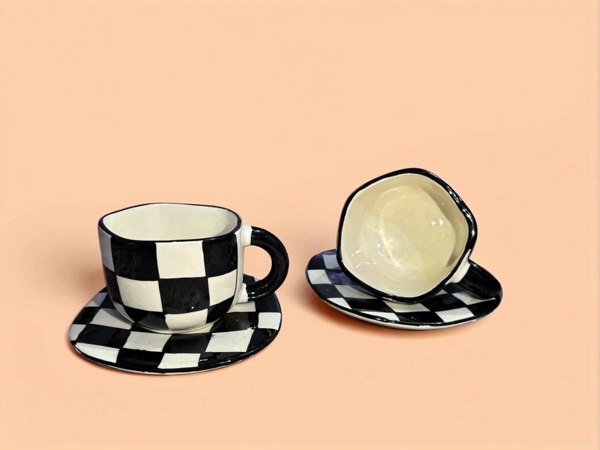FARIYA Pack of 2 Ceramic Chess Design Handpainted Cup and Saucer